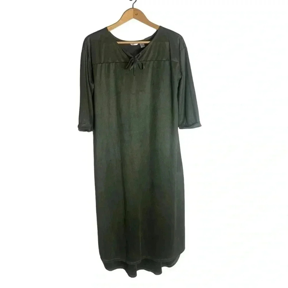 Kaktus Women's Olive Green Microsuede Maxi Dress Hi Low Hem Side Slits Large EUC - Picture 1 of 4